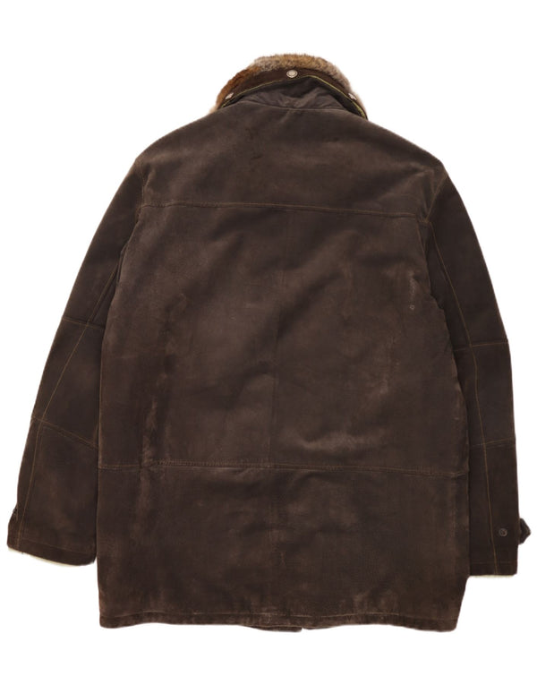 Vintage hombres ante cortavientos abrigo Reino Unido 42 XL cuero marrón