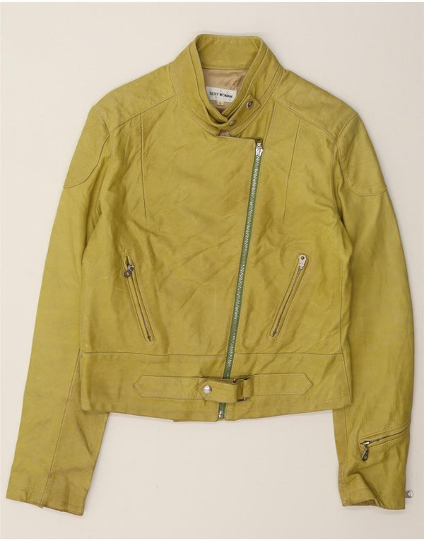 Vintage mujer cuero biker chaqueta Reino Unido 14 amarillo grande