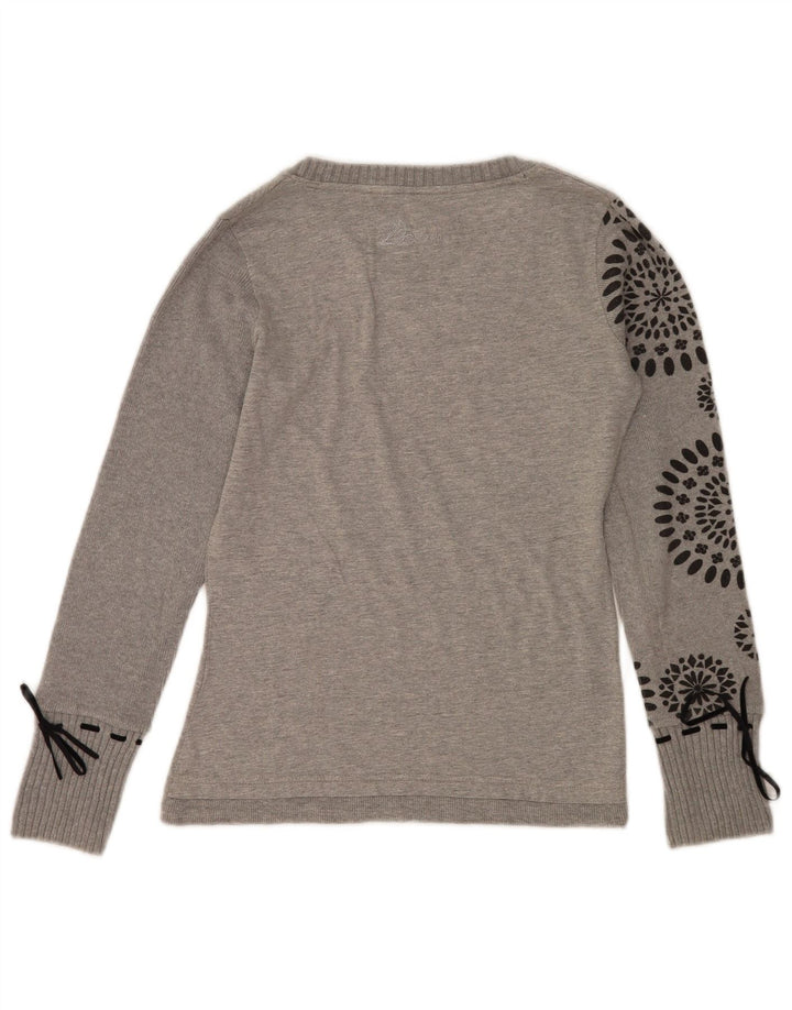Desigual Mujer Gráfico Top Manga Larga Reino Unido 14 Medio Gris Corazón