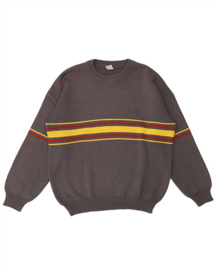 Vintage hombres cuello redondo jersey suéter grande gris rayas