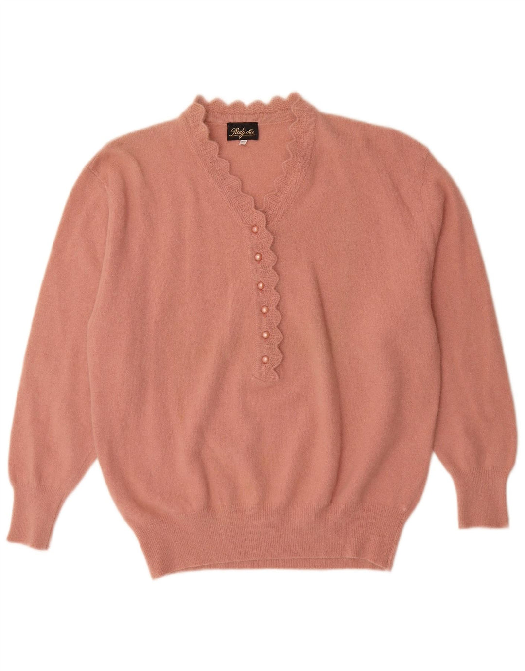 Vintage mujer botón cuello jersey suéter IT 52 2XL rosa Angora