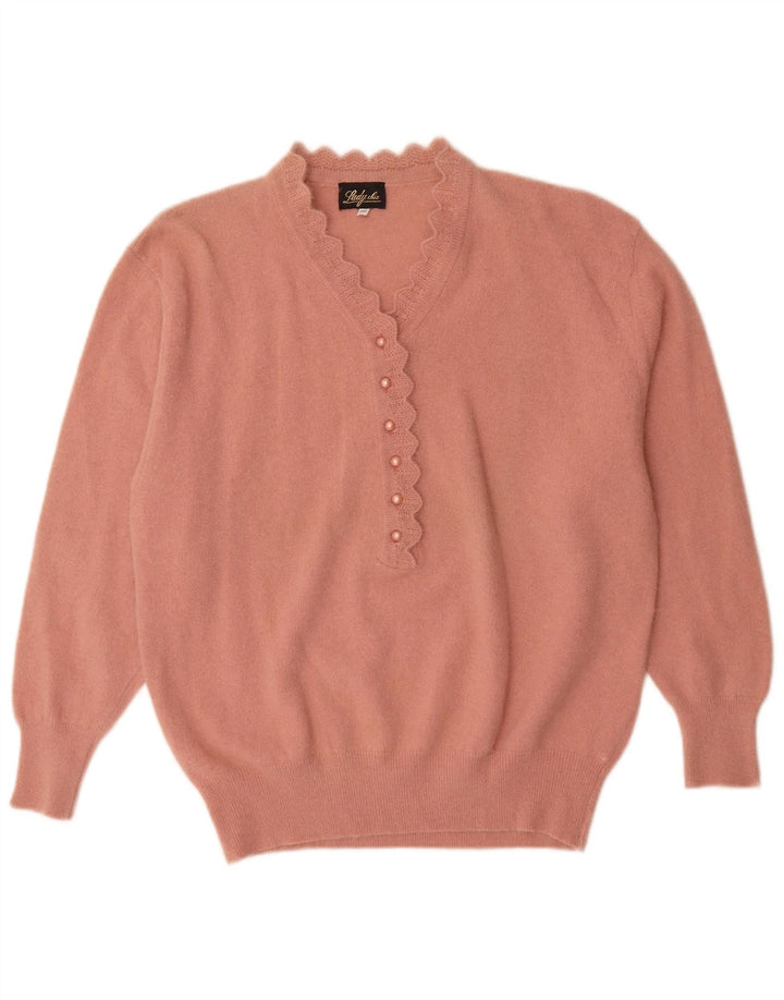 Vintage mujer botón cuello jersey suéter IT 52 2XL rosa Angora
