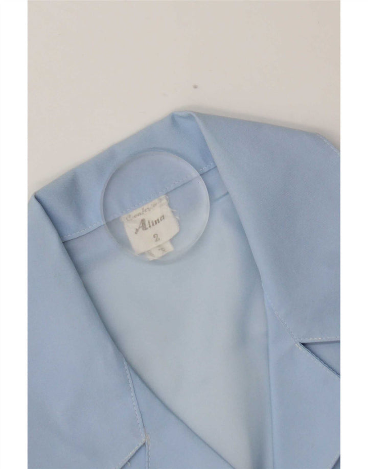 Vintage mujer camisa de manga corta blusa Reino Unido 14 poliéster azul medio