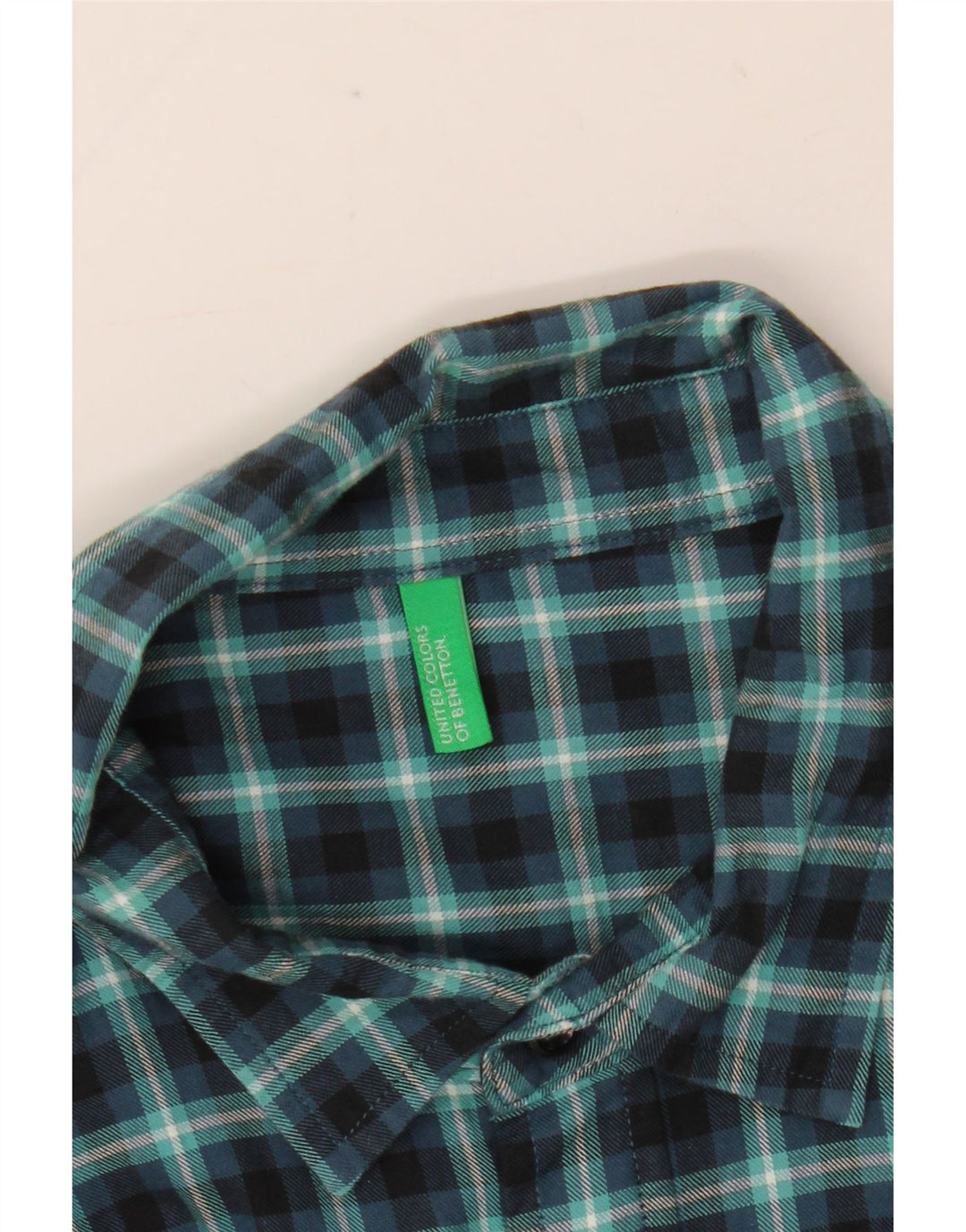 Benetton Hombre Camisa Alta De Franela Grande De Cuadros Vichy Azul Marino