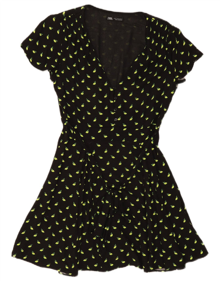 Zara Vestido Acampanado para Mujer UK 40 Mediano Negro Manchado