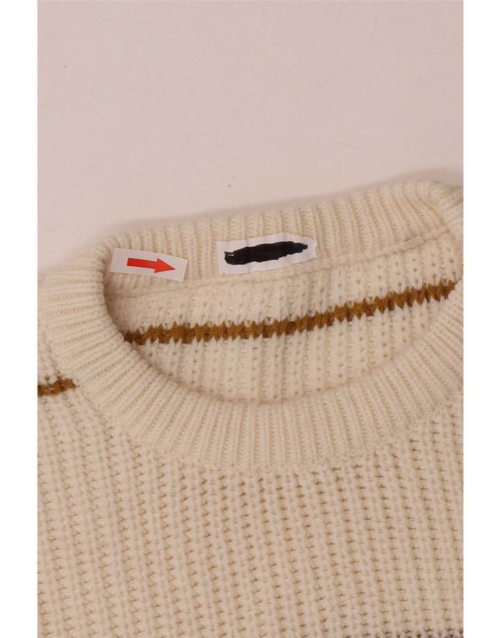 Vintage hombres cuello redondo jersey suéter medio apagado blanco rayas acrílico