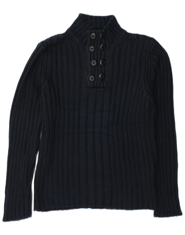 Zara Hombre Botón Cuello Jersey Jersey Grande Azul Marino Algodón