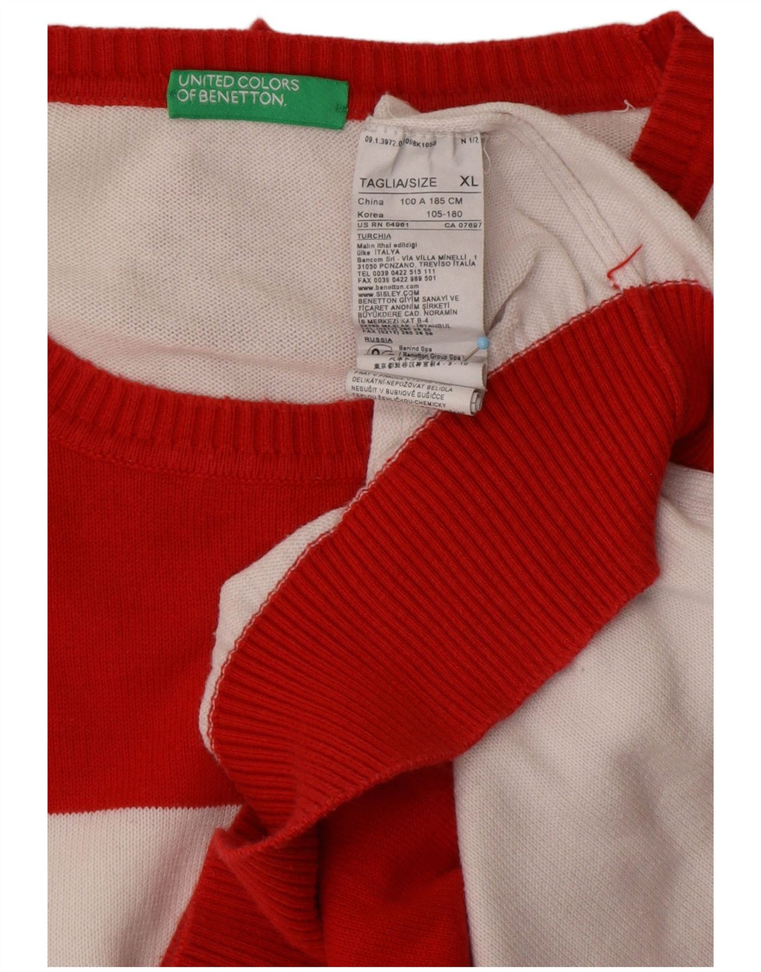 BENETTON Jersey De Cuello Redondo Hombre XL Algodón A Rayas Rojas