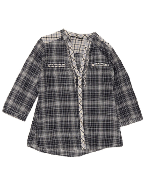 Zara Blusa Camisa Manga 3/4 Mujer UK 10 Small Azul Marino Cuadros Algodón