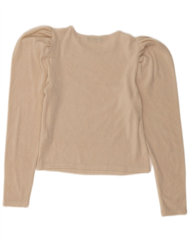 Zara Mujer Crop Blusa De Manga Larga Top UK 10 Small Beige Poliéster