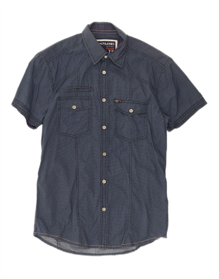JACK & JONES Mens Graphic Short Sleeve Shirt Small Navy Blue Spotted Vintage Jack & Jones and Second-Hand Jack & Jones from Messina Hembry 