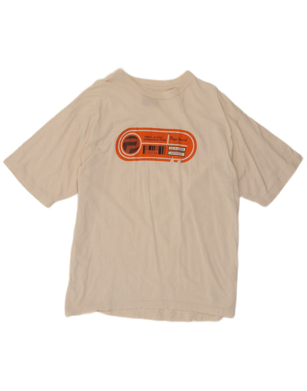 PEPE Jeans Camiseta gráfica para hombre Top mediano de algodón blanco roto