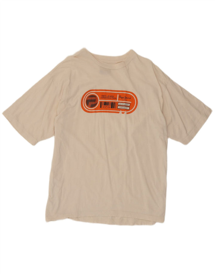 PEPE Jeans Camiseta gráfica para hombre Top mediano de algodón blanco roto