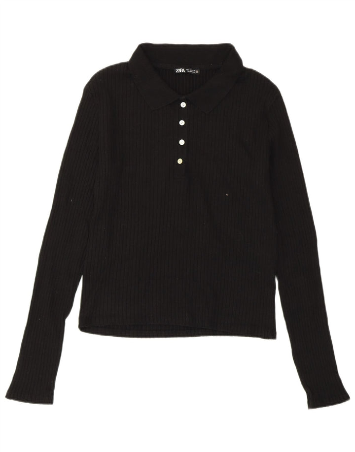 ZARA Polo corto de manga larga para mujer UK 44 Large Algodón negro