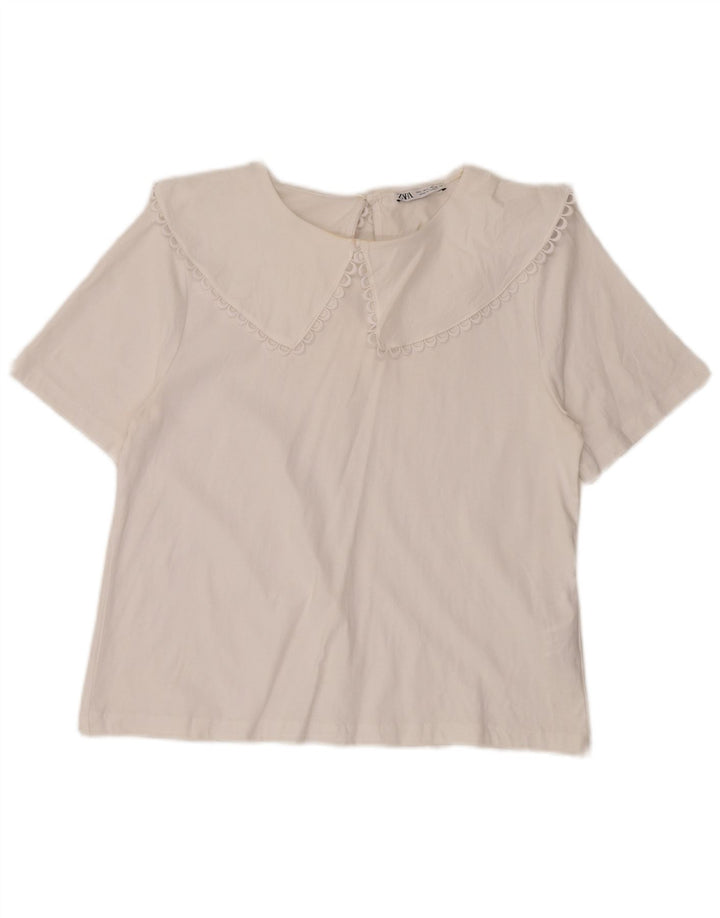 Zara Mujer Blusa Top Reino Unido 44 Grande Algodón Blanco