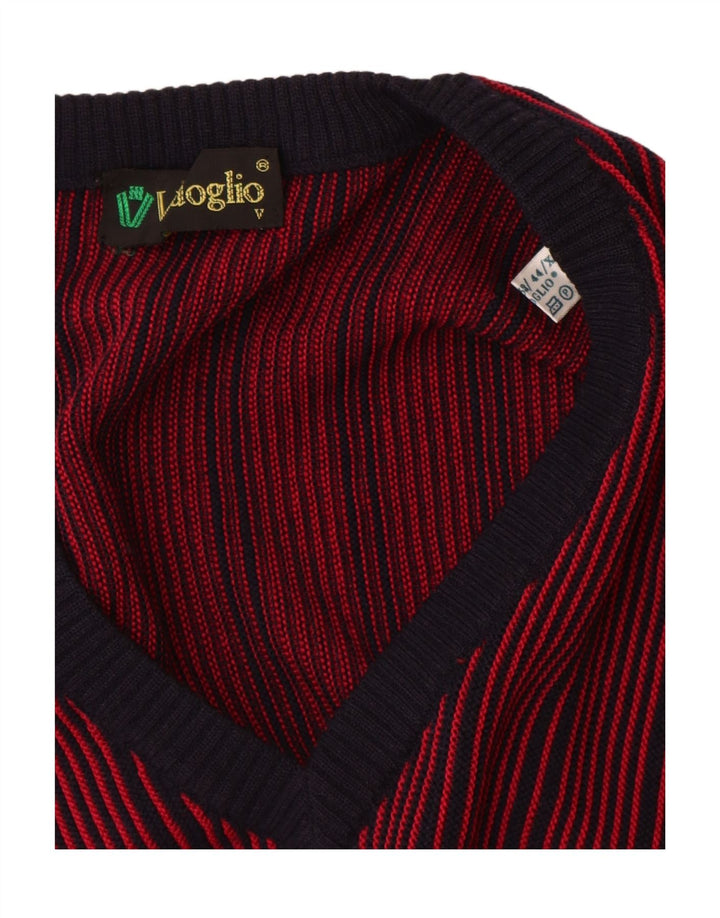 Vintage hombres V-cuello jumper suéter IT 52 grande rojo rayas