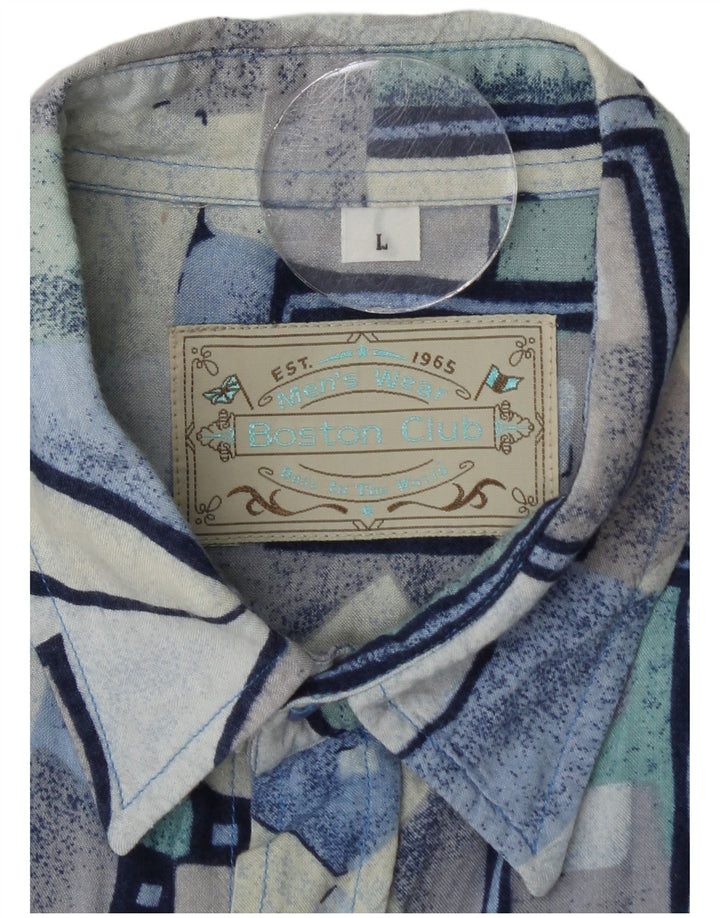 Camisa Boston De Manga Corta Para Hombre De Viscosa Geométrica Azul Grande