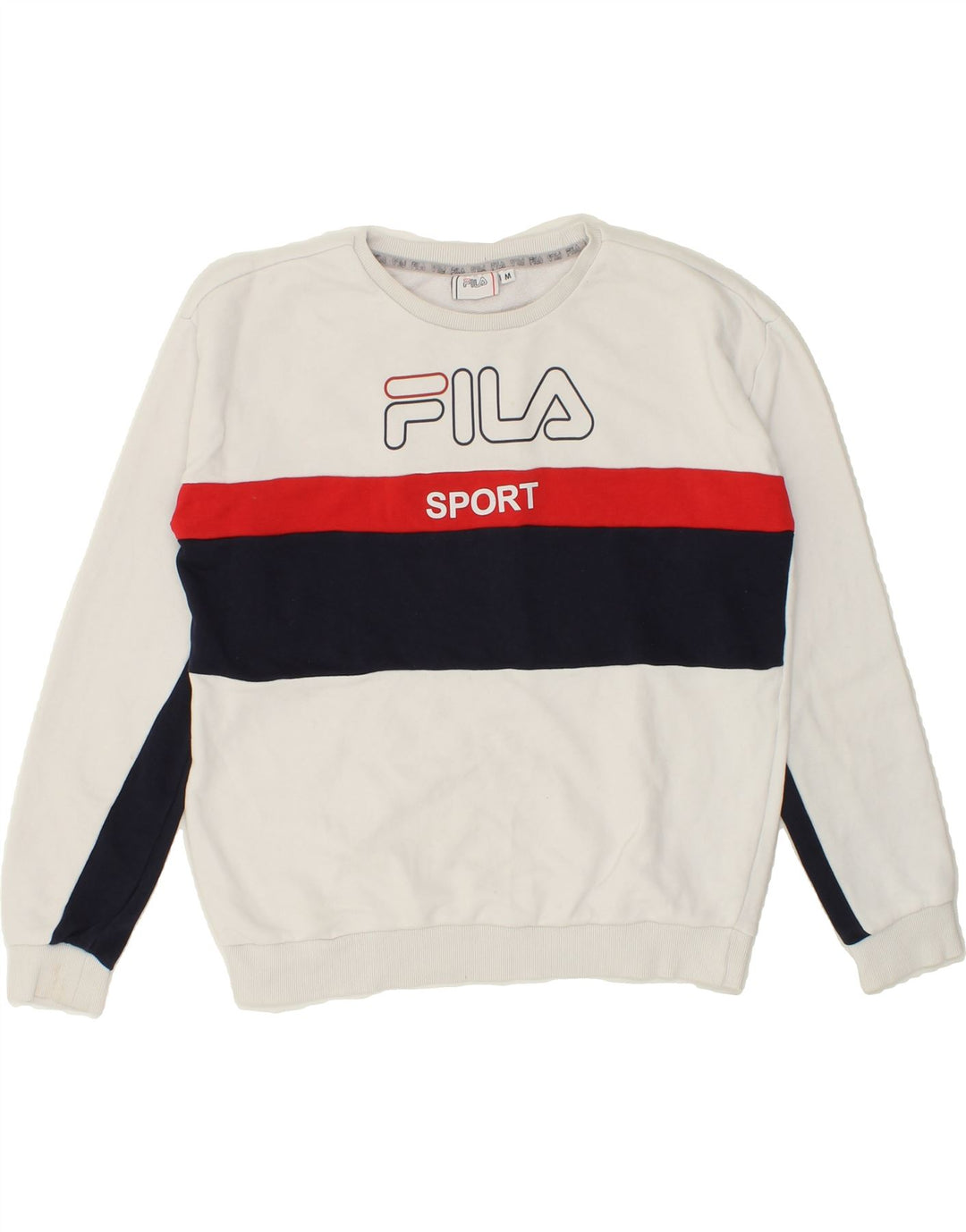 FILA Womens Graphic Sweatshirt Jumper UK 14 Medium White Colourblock Vintage Fila and Second-Hand Fila from Messina Hembry 