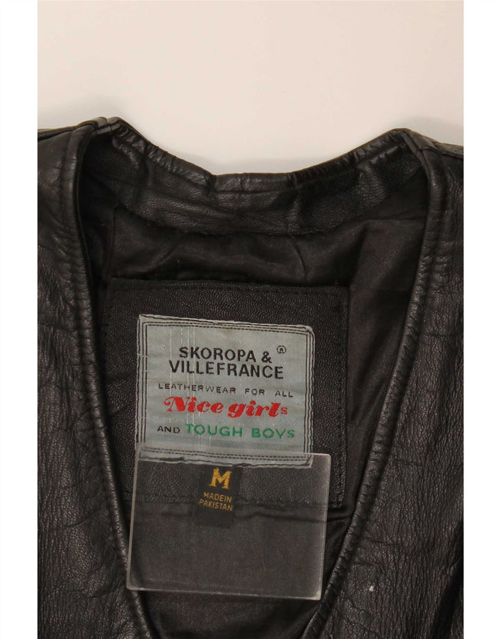 Vintage mujer cuero Gilet Reino Unido 12 cuero negro medio