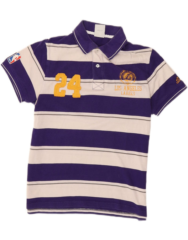 Adidas Polo de rugby con gráfico de Los Angeles Lakers para hombre, rayas azules medianas