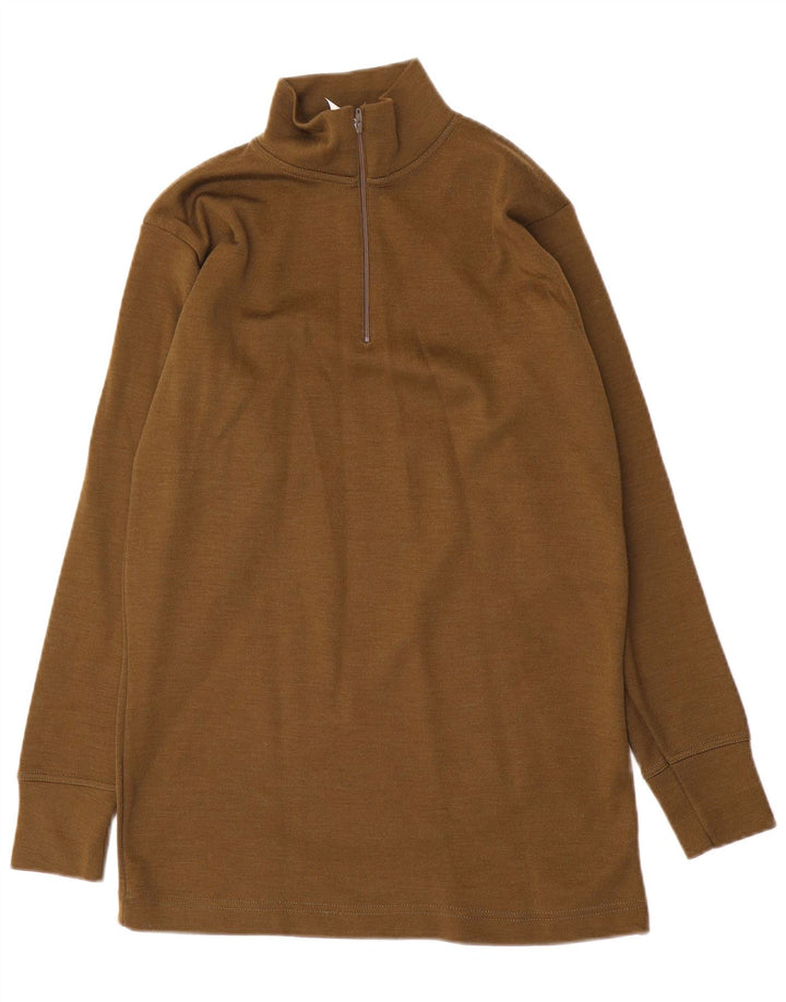 Vintage hombres zip cuello jumper suéter medio caqui poliamida
