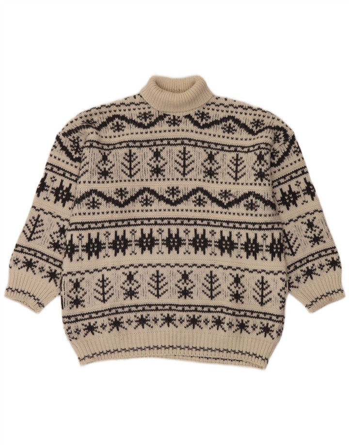 Vintage hombres rollo cuello jersey suéter medio apagado blanco justo isla acrílico