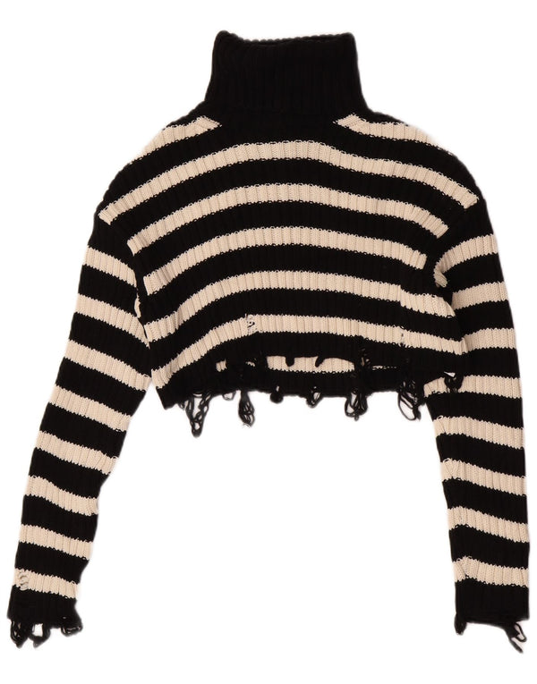 Zara Mujer Crop Roll Neck Jumper Sweater UK 10 Small Negro Rayas