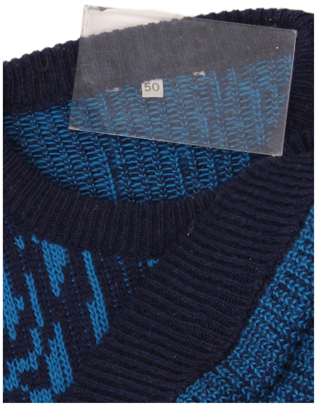Vintage hombres cuello redondo jersey suéter IT 50 lana geométrica azul medio