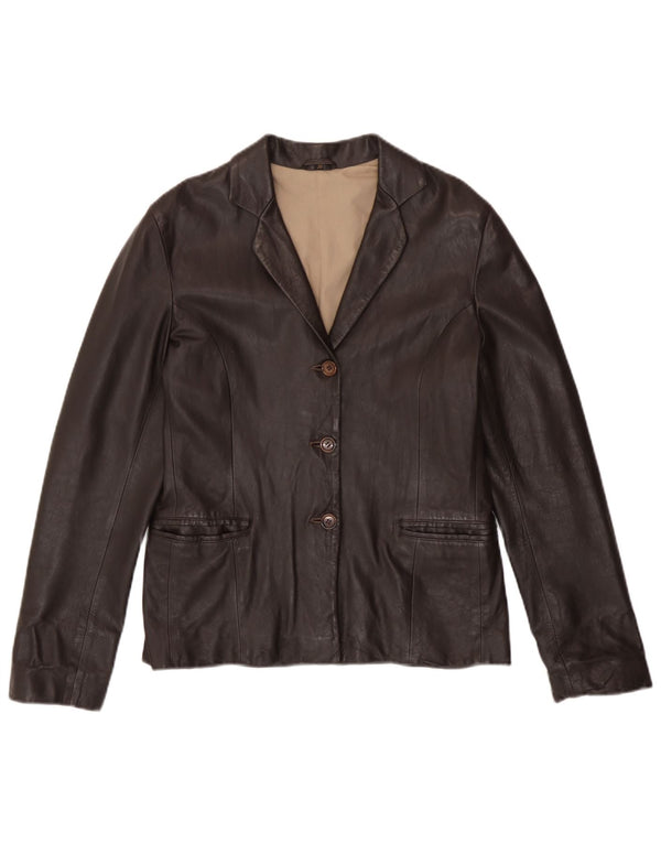 Vintage mujer 3 botones cuero Blazer chaqueta EU 38 cuero marrón medio