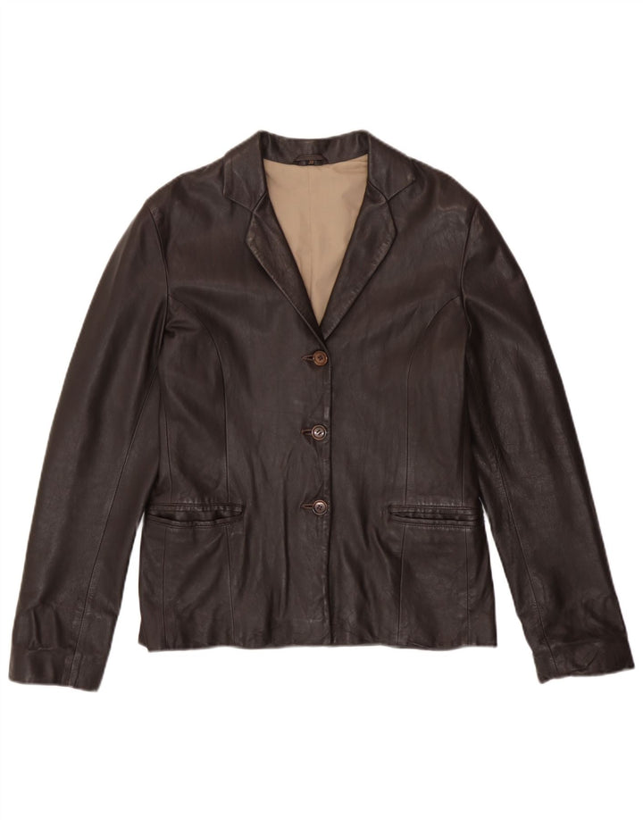 Vintage mujer 3 botones cuero Blazer chaqueta EU 38 cuero marrón medio