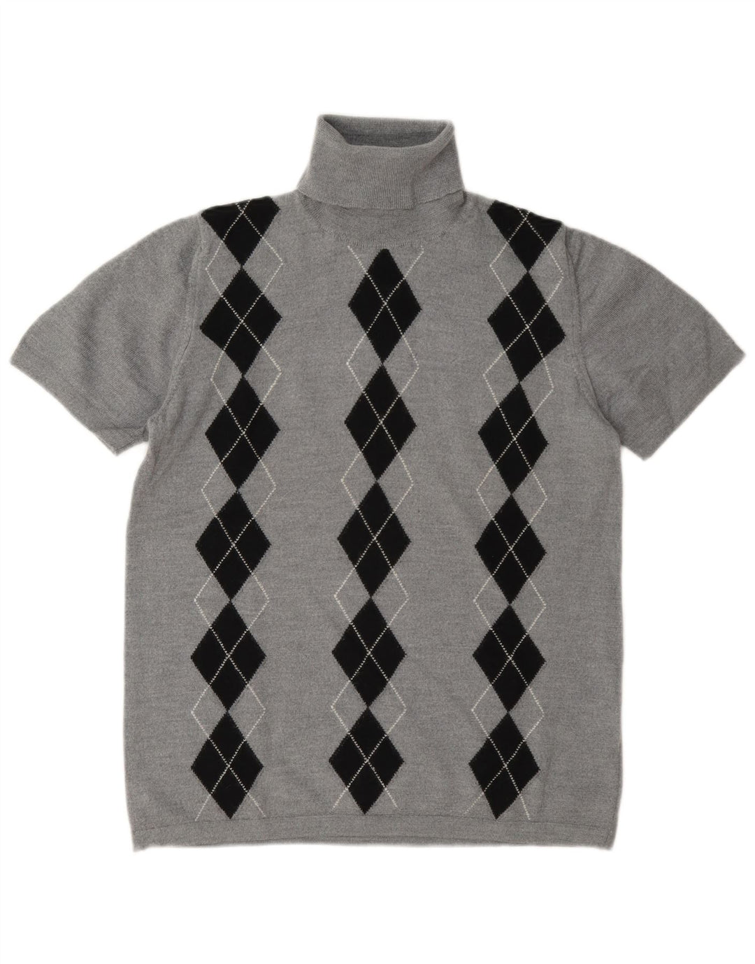 Vintage mujer rollo cuello jersey suéter Reino Unido 14 gris medio Argyle/Diamond
