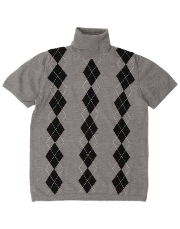 Vintage mujer rollo cuello jersey suéter Reino Unido 14 gris medio Argyle/Diamond