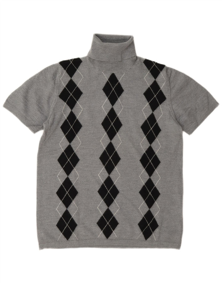 Vintage mujer rollo cuello jersey suéter Reino Unido 14 gris medio Argyle/Diamond