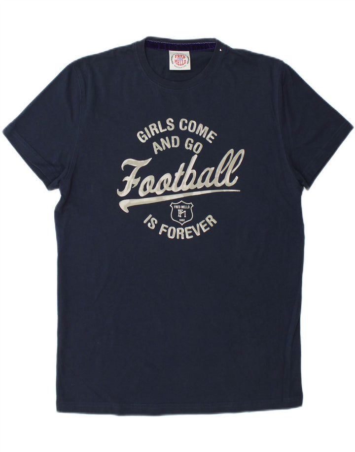 FRED MELLO Mens Graphic T-Shirt Top Large Navy Blue Cotton Vintage Fred Mello and Second-Hand Fred Mello from Messina Hembry 