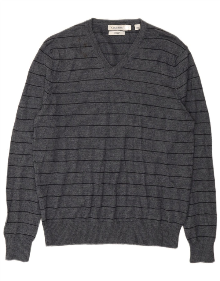 Calvin Klein Jersey con cuello en V para hombre de lana merino a rayas gris medio