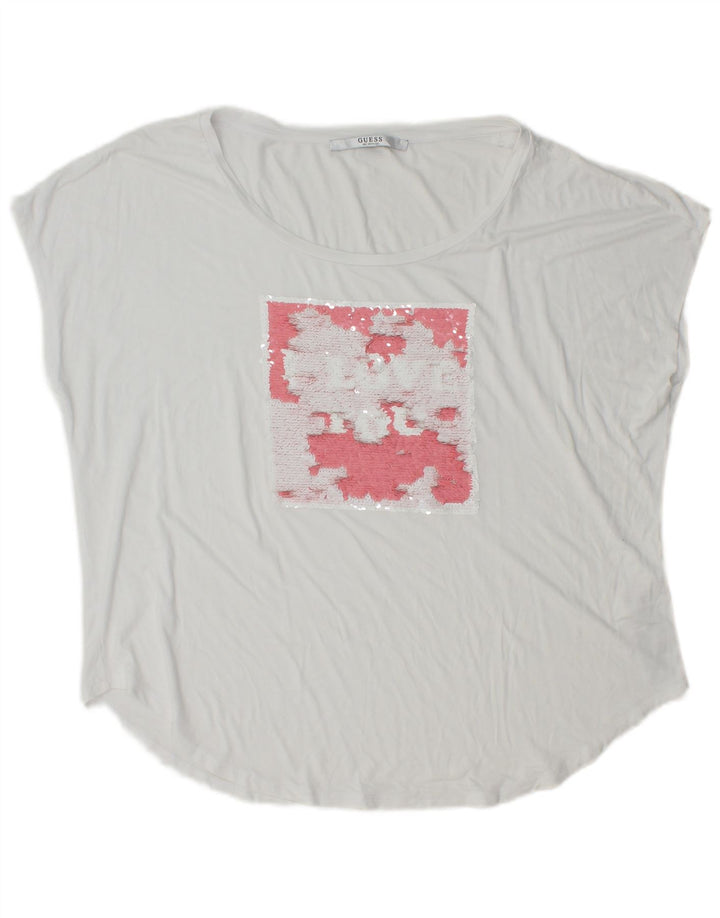 Guess Camiseta gráfica para mujer Top UK 12 Medium White Viscosa