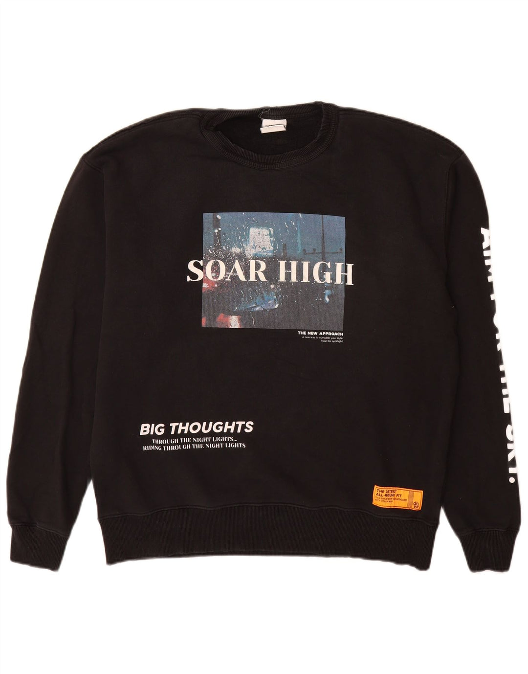 Zara Hombre Sudadera Gráfica Jumper Large Algodón Negro