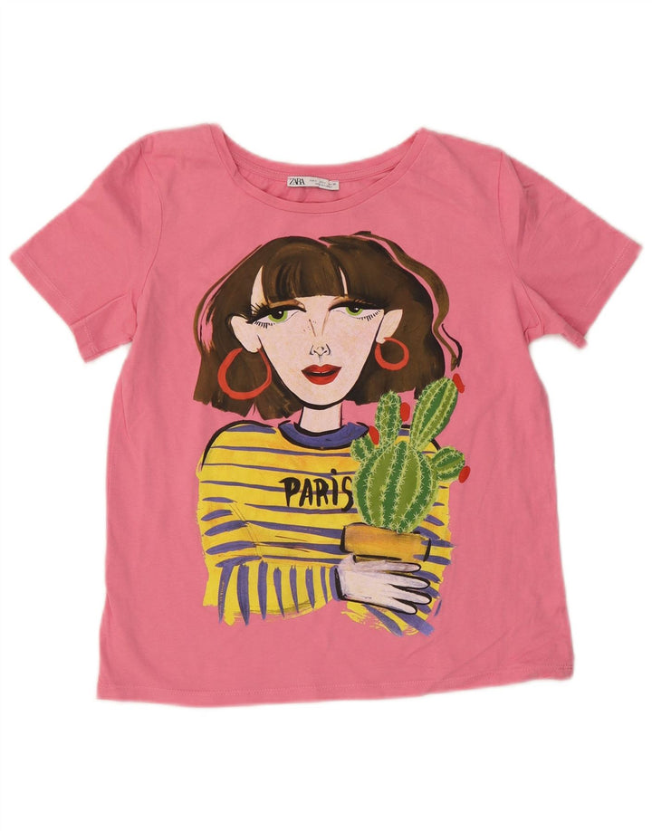ZARA Mujer Dora Crop Graphic Camiseta Top UK 10 Small Rosa