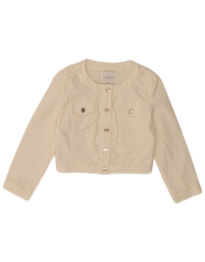 Vintage mujer 3/4 manga crop denim chaqueta IT 40 pequeño algodón blanco