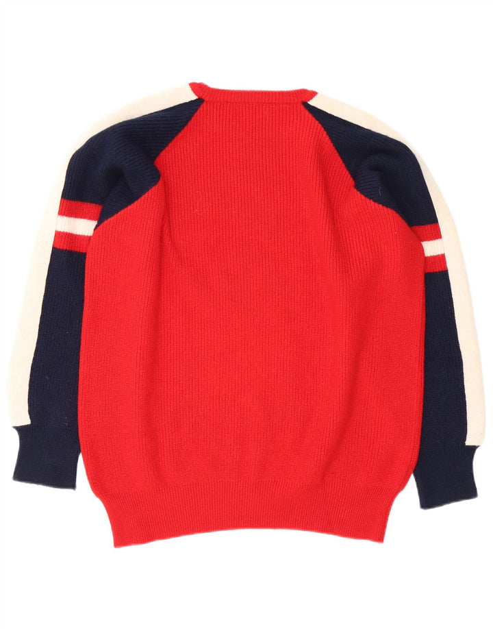 Vintage hombres cuello redondo jersey suéter medio rojo colorblock