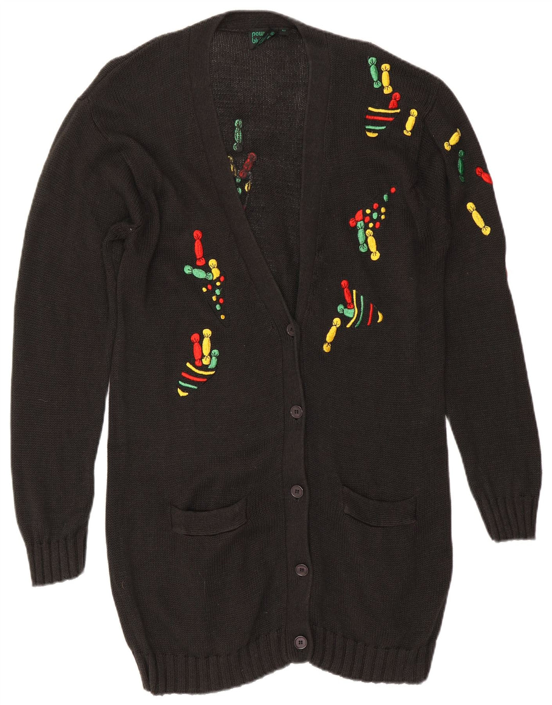 VINTAGE Mujer Longline Cardigan Suéter EU 42 Grande Negro