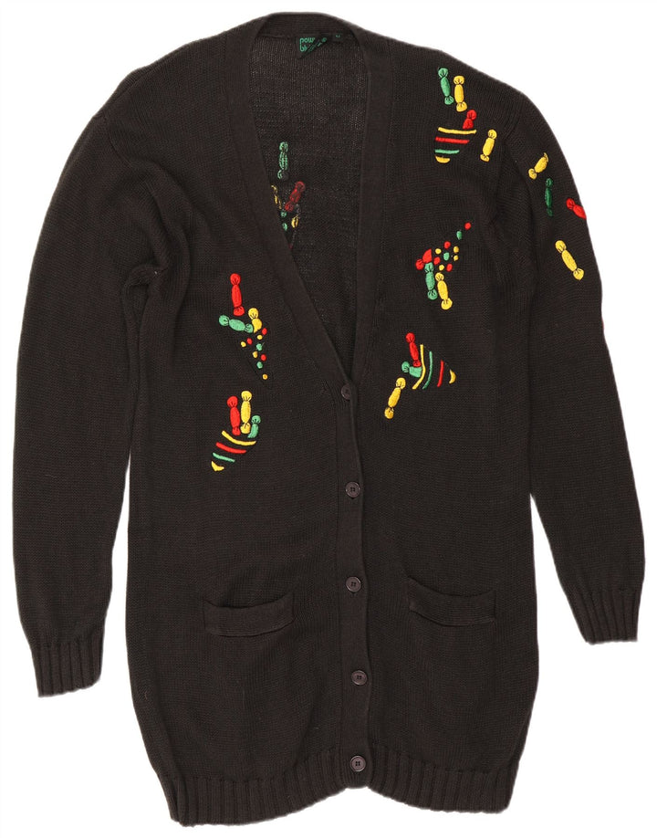 VINTAGE Mujer Longline Cardigan Suéter EU 42 Grande Negro
