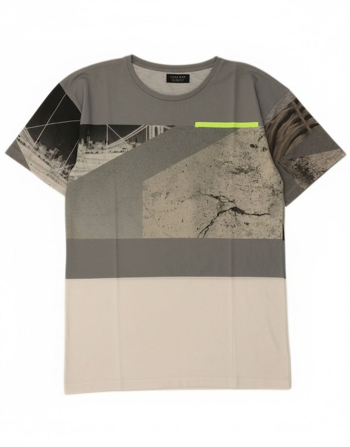 Zara Hombre Camiseta Gráfica Top Small Gris Colorblock