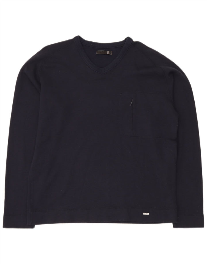 TED BAKER Jersey con cuello en V para hombre Talla 5 XL Algodón azul marino