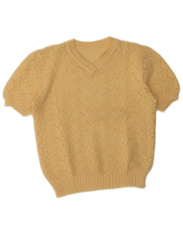 Vintage mujer manga corta V-cuello jersey suéter Reino Unido 14 beige medio