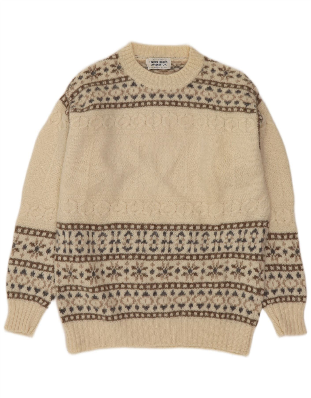 Benetton Jersey De Cuello Redondo Para Hombre Pequeño De Lana Fair Isle En Blanco Roto