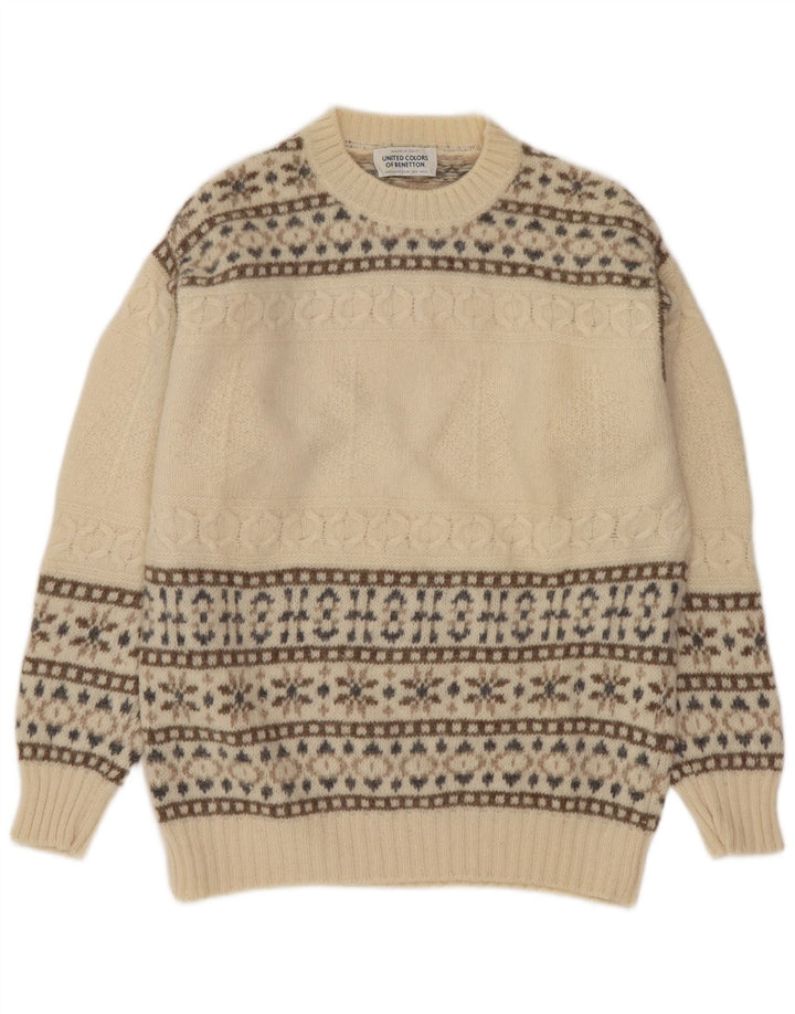 Benetton Jersey De Cuello Redondo Para Hombre Pequeño De Lana Fair Isle En Blanco Roto