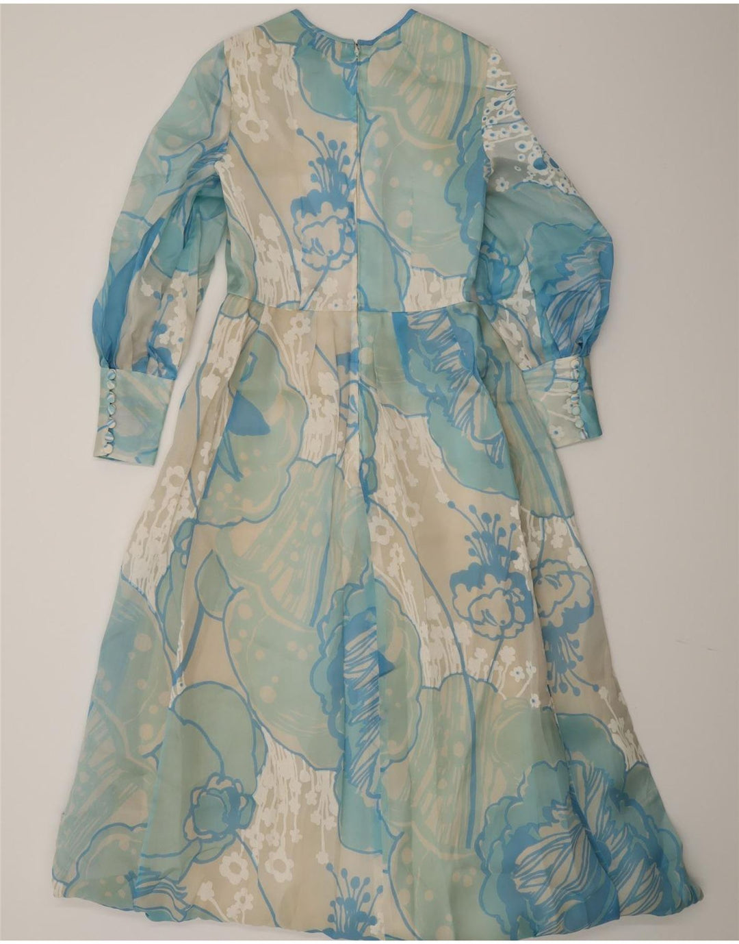 Vintage mujer manga larga Maxi vestido Reino Unido 12 azul medio floral