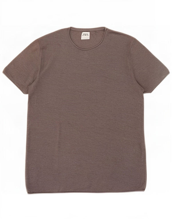Zara Hombre Camiseta Top Grande Gris Algodón