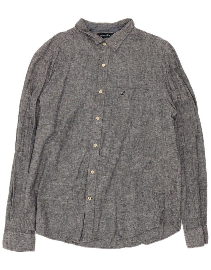 Camisa Nautica Hombre XL Lino Moteado Gris